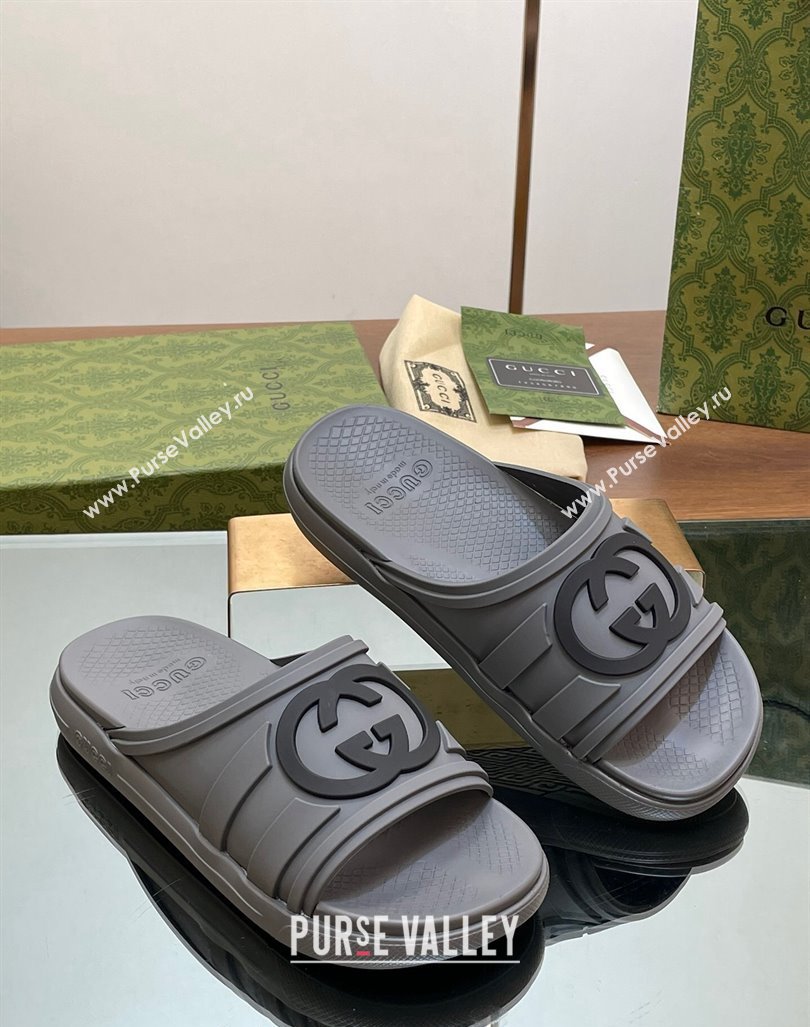 Gucci Mens Rubber Interlocking G Flat Slides Sandal Grey 2024 0605 (MD-240605158)