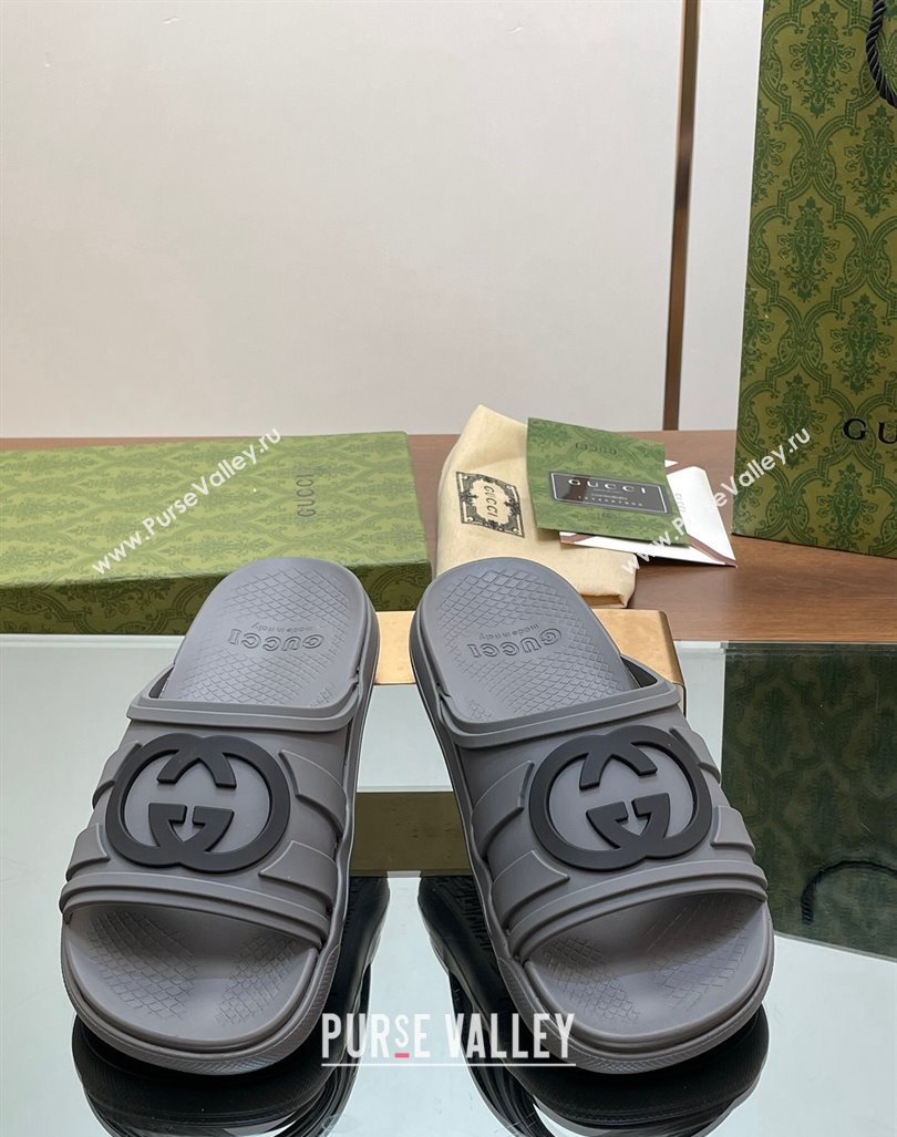 Gucci Mens Rubber Interlocking G Flat Slides Sandal Grey 2024 0605 (MD-240605158)