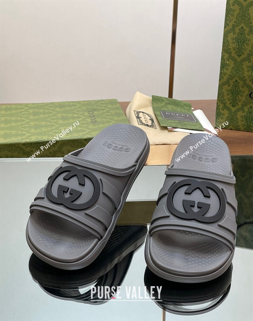 Gucci Mens Rubber Interlocking G Flat Slides Sandal Grey 2024 0605 (MD-240605158)