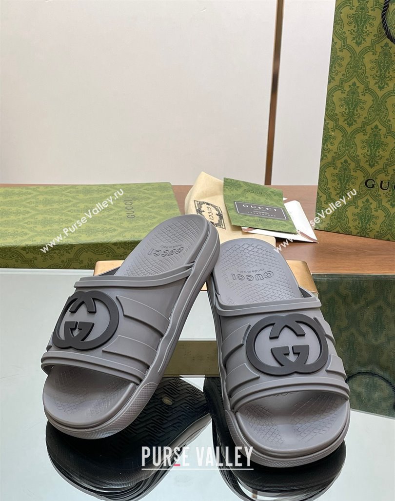 Gucci Mens Rubber Interlocking G Flat Slides Sandal Grey 2024 0605 (MD-240605158)