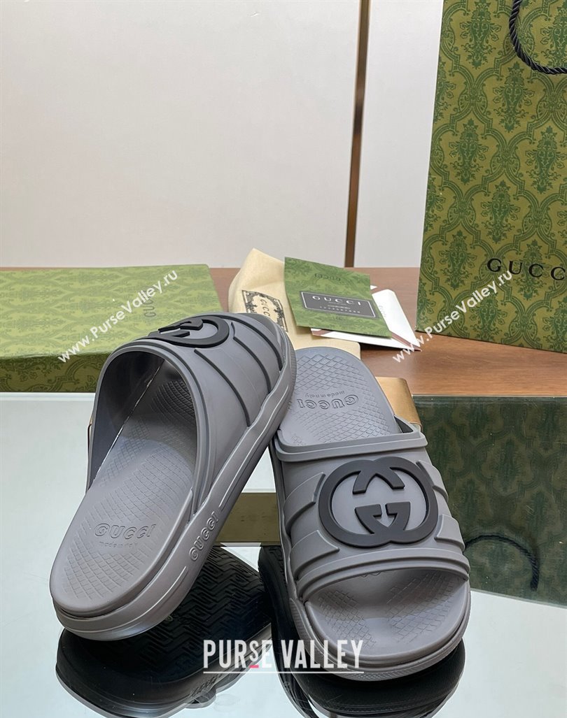 Gucci Mens Rubber Interlocking G Flat Slides Sandal Grey 2024 0605 (MD-240605158)