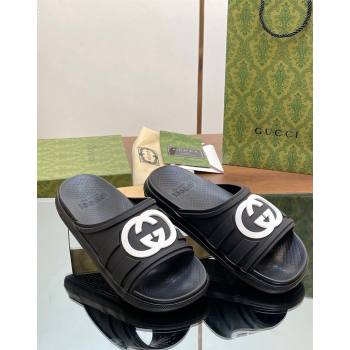 Gucci Mens Rubber Interlocking G Flat Slides Sandal Black/White2 2024 0605 (MD-240605159)