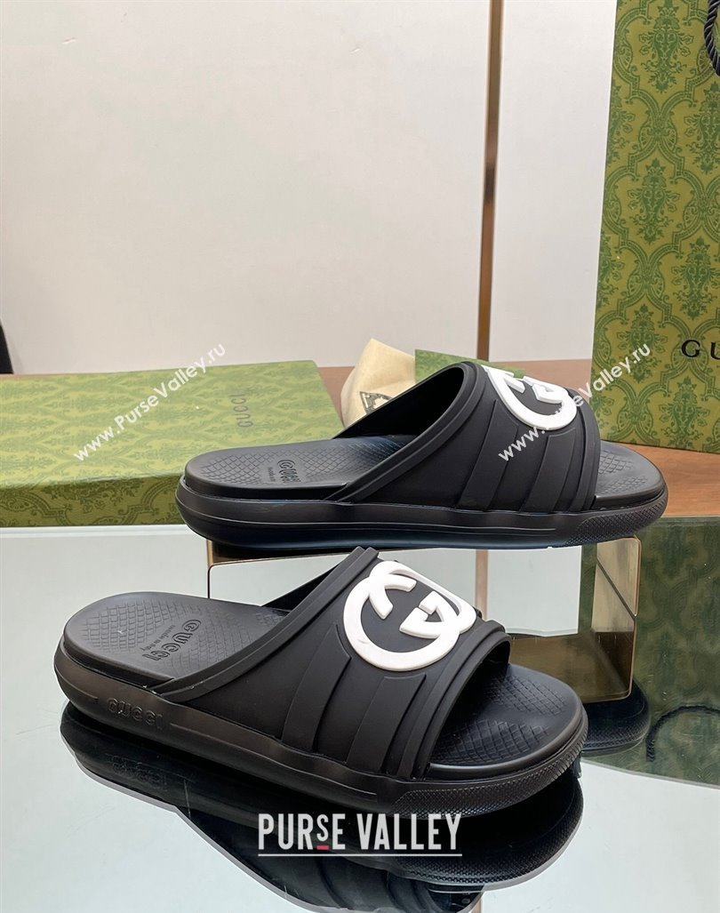 Gucci Mens Rubber Interlocking G Flat Slides Sandal Black/White2 2024 0605 (MD-240605159)