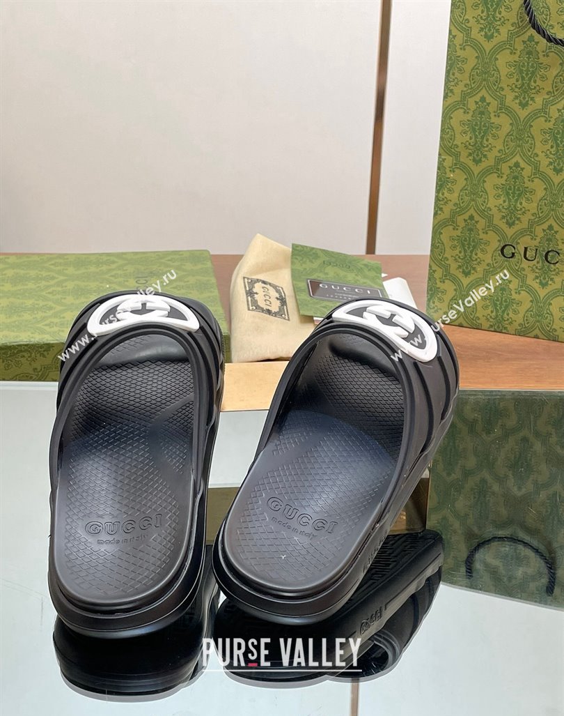 Gucci Mens Rubber Interlocking G Flat Slides Sandal Black/White2 2024 0605 (MD-240605159)