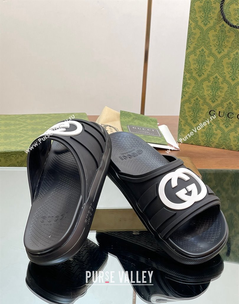 Gucci Mens Rubber Interlocking G Flat Slides Sandal Black/White2 2024 0605 (MD-240605159)