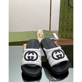 Gucci Mens Rubber Interlocking G Flat Slides Sandal White/Black2 2024 0605 (MD-240605160)