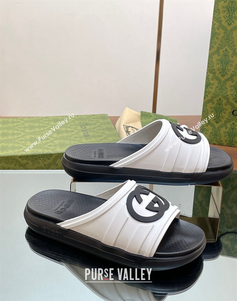 Gucci Mens Rubber Interlocking G Flat Slides Sandal White/Black2 2024 0605 (MD-240605160)