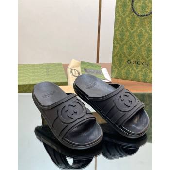 Gucci Mens Rubber Interlocking G Flat Slides Sandal All Black 2024 0605 (MD-240605161)