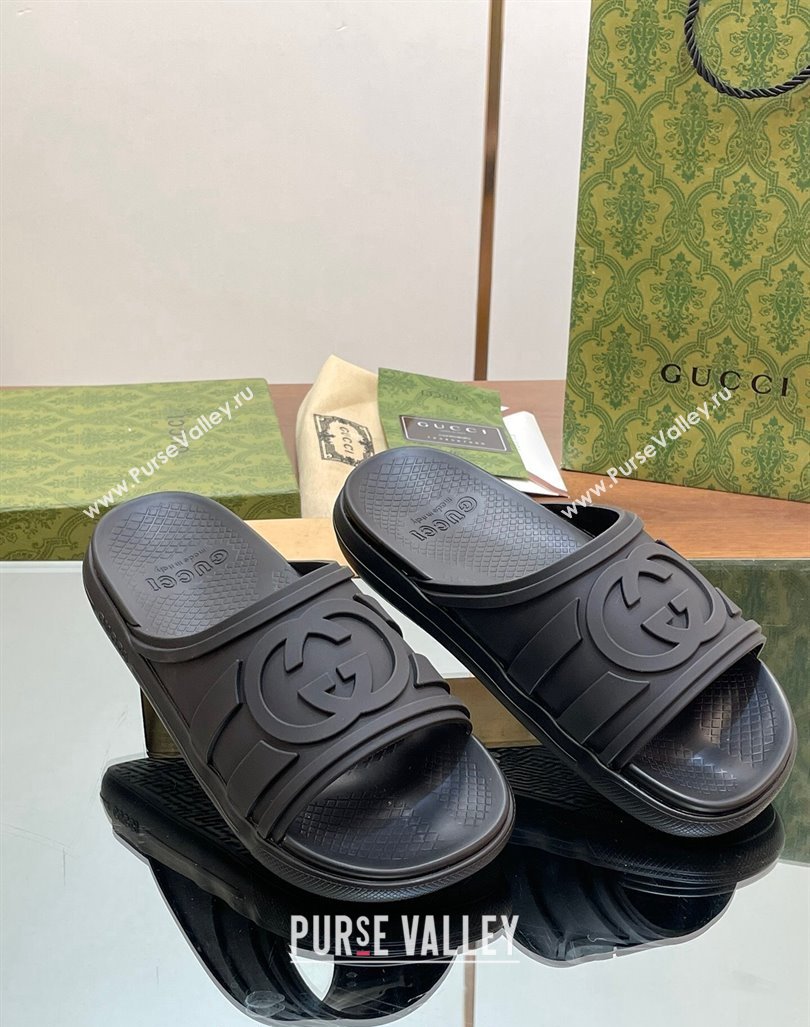 Gucci Mens Rubber Interlocking G Flat Slides Sandal All Black 2024 0605 (MD-240605161)