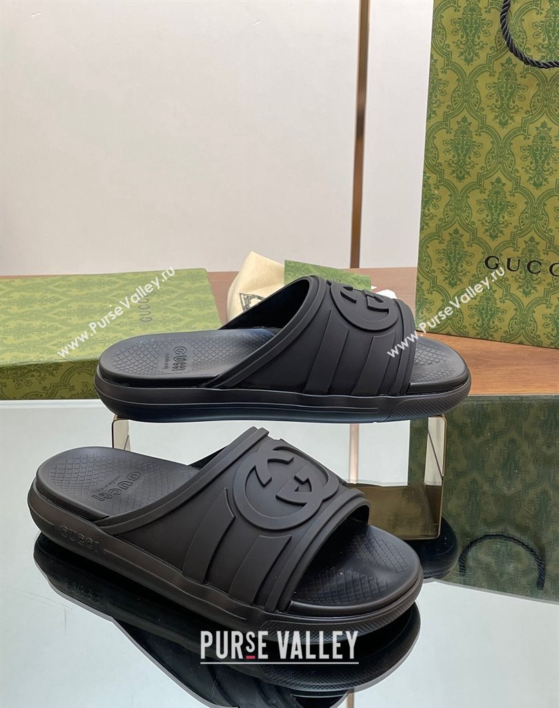 Gucci Mens Rubber Interlocking G Flat Slides Sandal All Black 2024 0605 (MD-240605161)