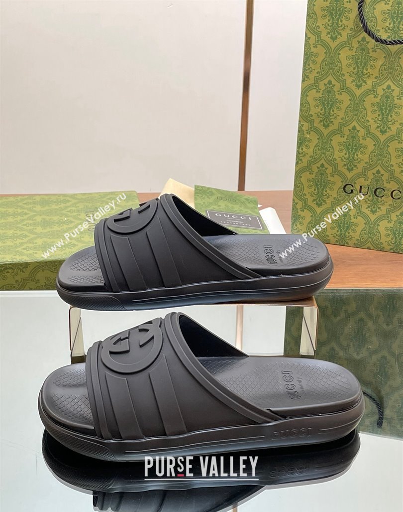 Gucci Mens Rubber Interlocking G Flat Slides Sandal All Black 2024 0605 (MD-240605161)