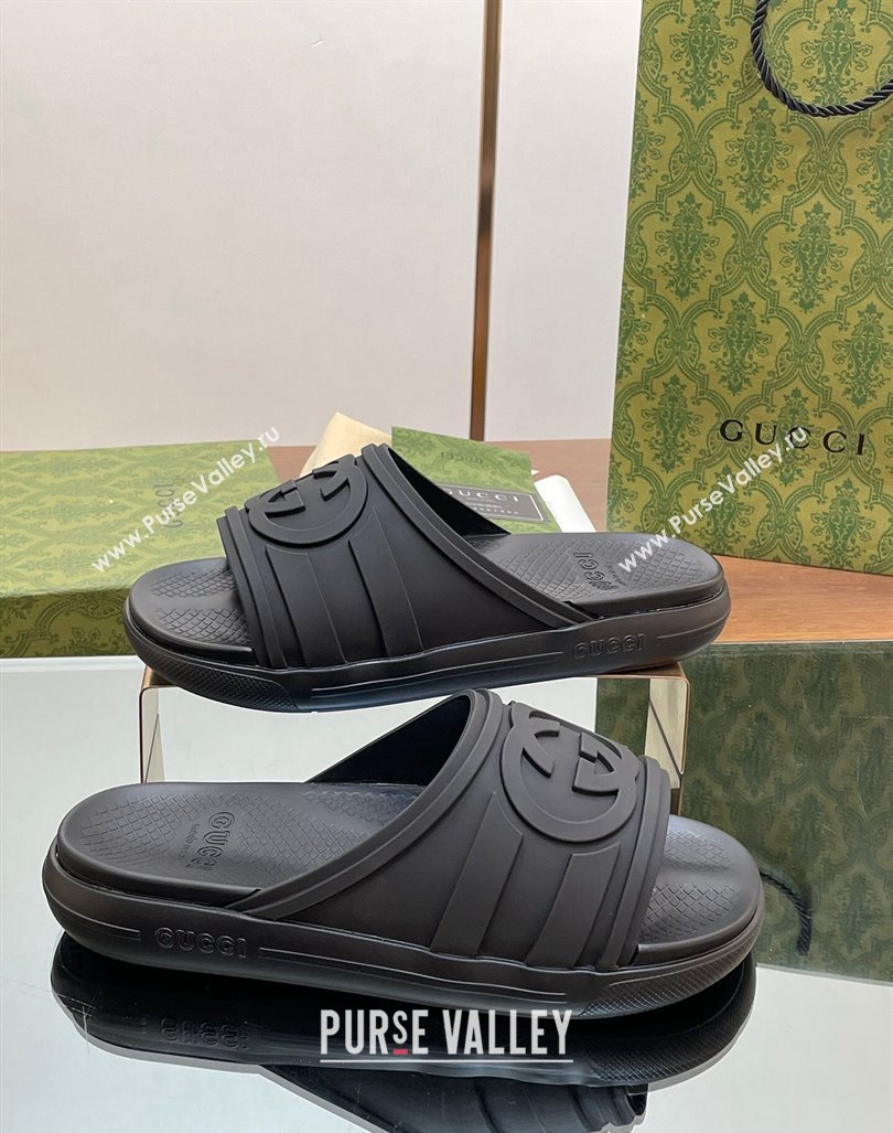 Gucci Mens Rubber Interlocking G Flat Slides Sandal All Black 2024 0605 (MD-240605161)