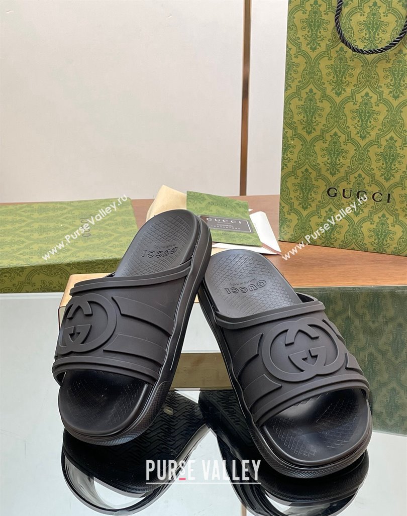 Gucci Mens Rubber Interlocking G Flat Slides Sandal All Black 2024 0605 (MD-240605161)