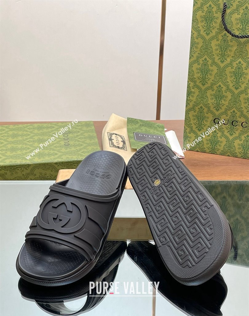 Gucci Mens Rubber Interlocking G Flat Slides Sandal All Black 2024 0605 (MD-240605161)