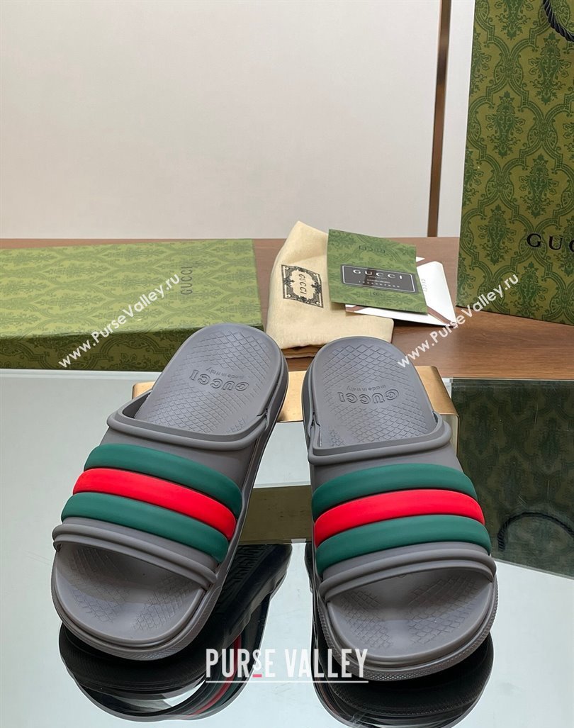 Gucci Mens Rubber Web Flat Slides Sandal Grey 2024 0605 (MD-240605162)