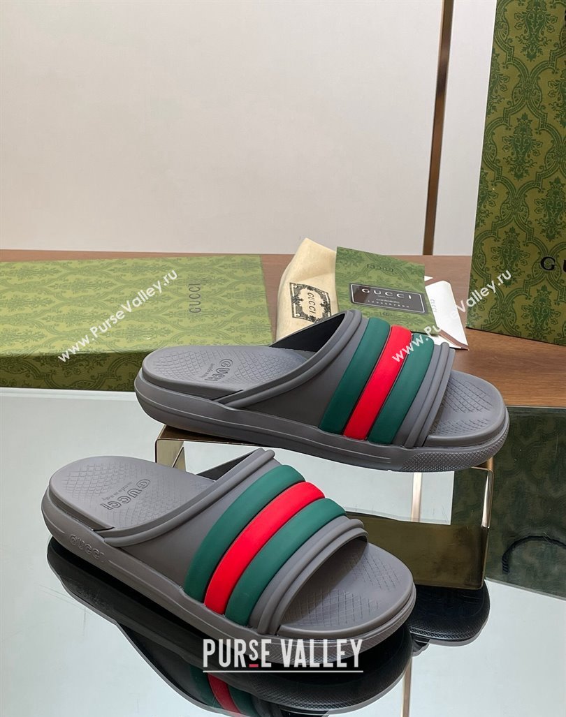 Gucci Mens Rubber Web Flat Slides Sandal Grey 2024 0605 (MD-240605162)