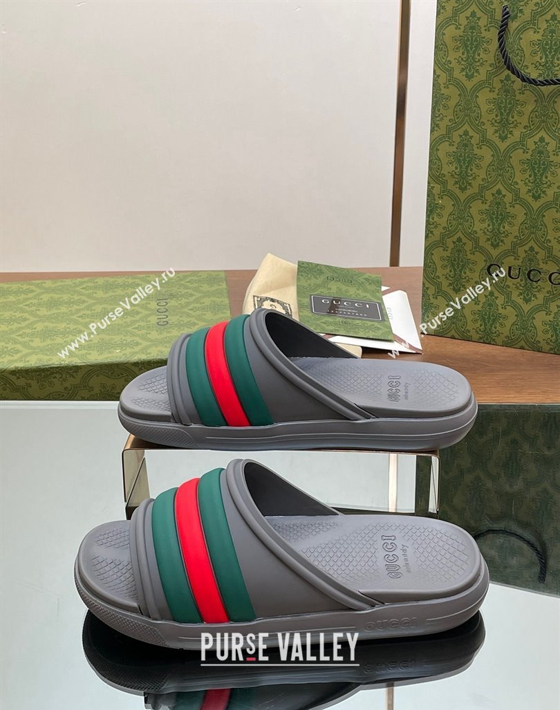 Gucci Mens Rubber Web Flat Slides Sandal Grey 2024 0605 (MD-240605162)