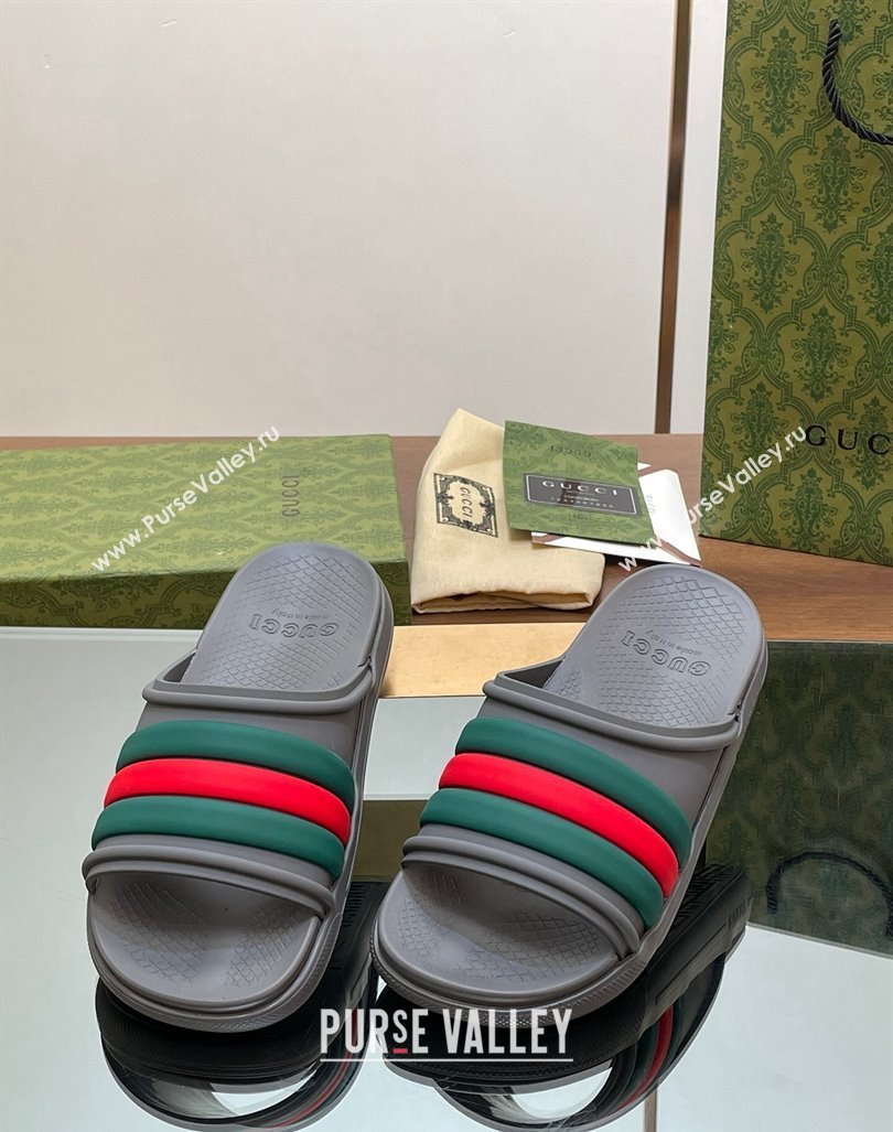 Gucci Mens Rubber Web Flat Slides Sandal Grey 2024 0605 (MD-240605162)