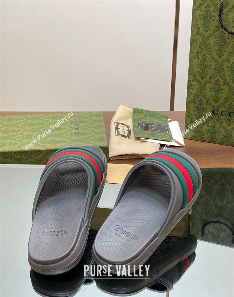 Gucci Mens Rubber Web Flat Slides Sandal Grey 2024 0605 (MD-240605162)