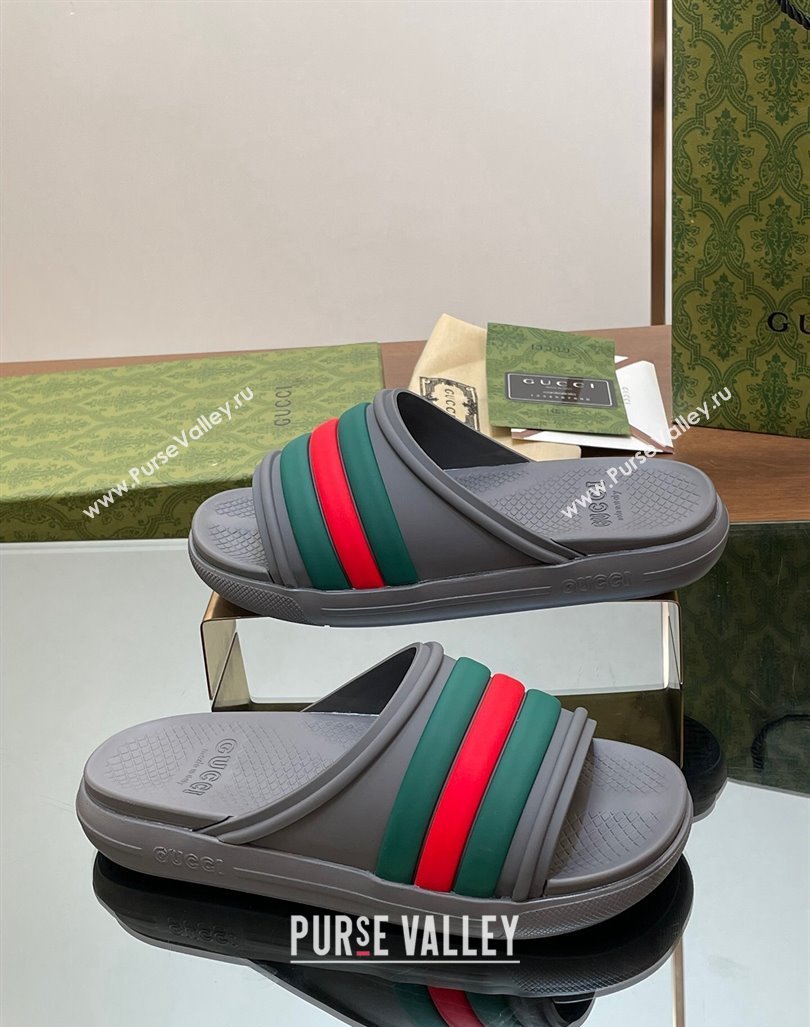 Gucci Mens Rubber Web Flat Slides Sandal Grey 2024 0605 (MD-240605162)