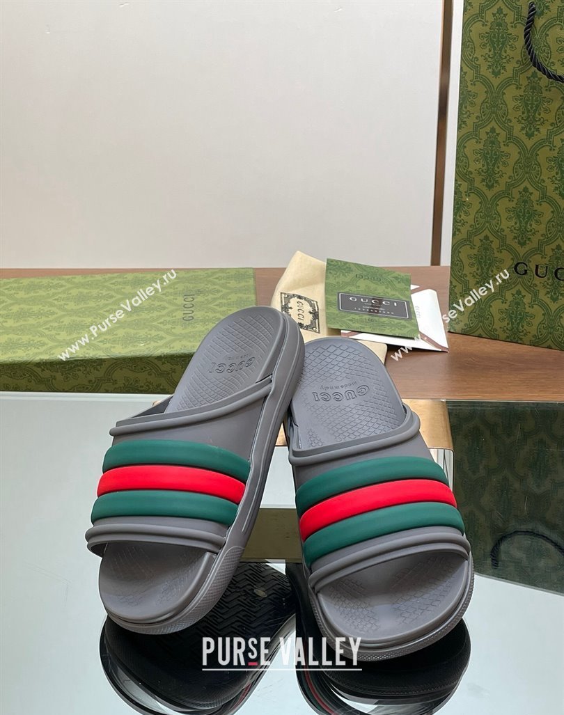 Gucci Mens Rubber Web Flat Slides Sandal Grey 2024 0605 (MD-240605162)