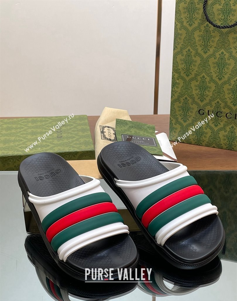 Gucci Mens Rubber Web Flat Slides Sandal White 2024 0605 (MD-240605163)