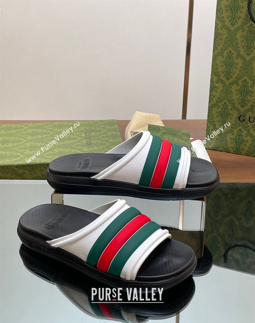 Gucci Mens Rubber Web Flat Slides Sandal White 2024 0605 (MD-240605163)