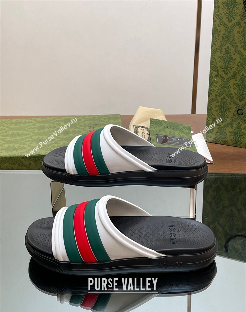 Gucci Mens Rubber Web Flat Slides Sandal White 2024 0605 (MD-240605163)