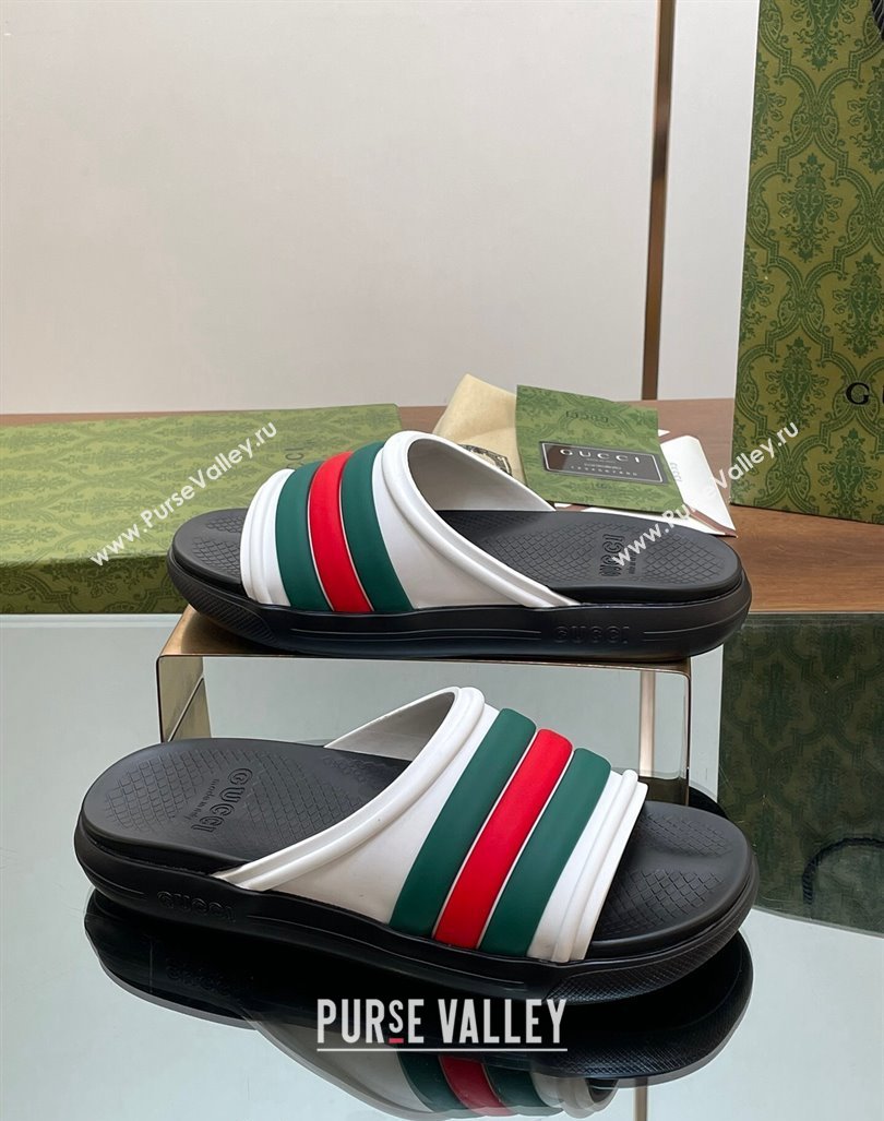 Gucci Mens Rubber Web Flat Slides Sandal White 2024 0605 (MD-240605163)