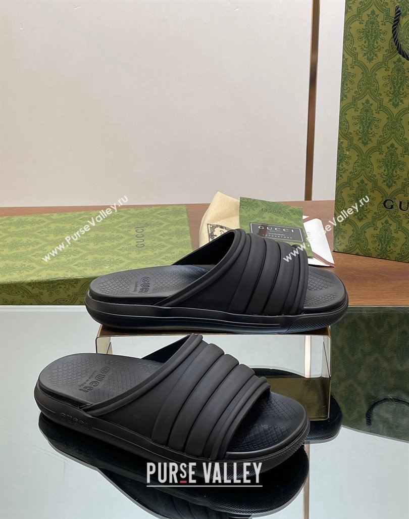 Gucci Mens Rubber Web Flat Slides Sandal All Black 2024 0605 (MD-240605164)