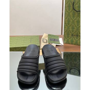 Gucci Mens Rubber Web Flat Slides Sandal All Black 2024 0605 (MD-240605164)