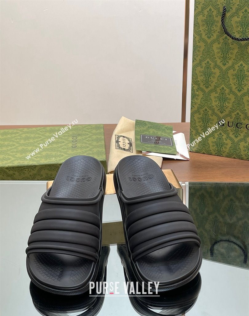 Gucci Mens Rubber Web Flat Slides Sandal All Black 2024 0605 (MD-240605164)