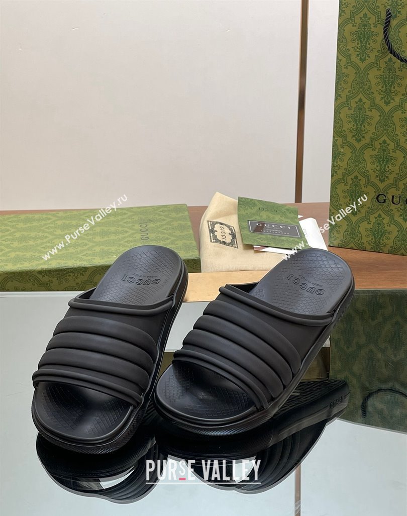 Gucci Mens Rubber Web Flat Slides Sandal All Black 2024 0605 (MD-240605164)