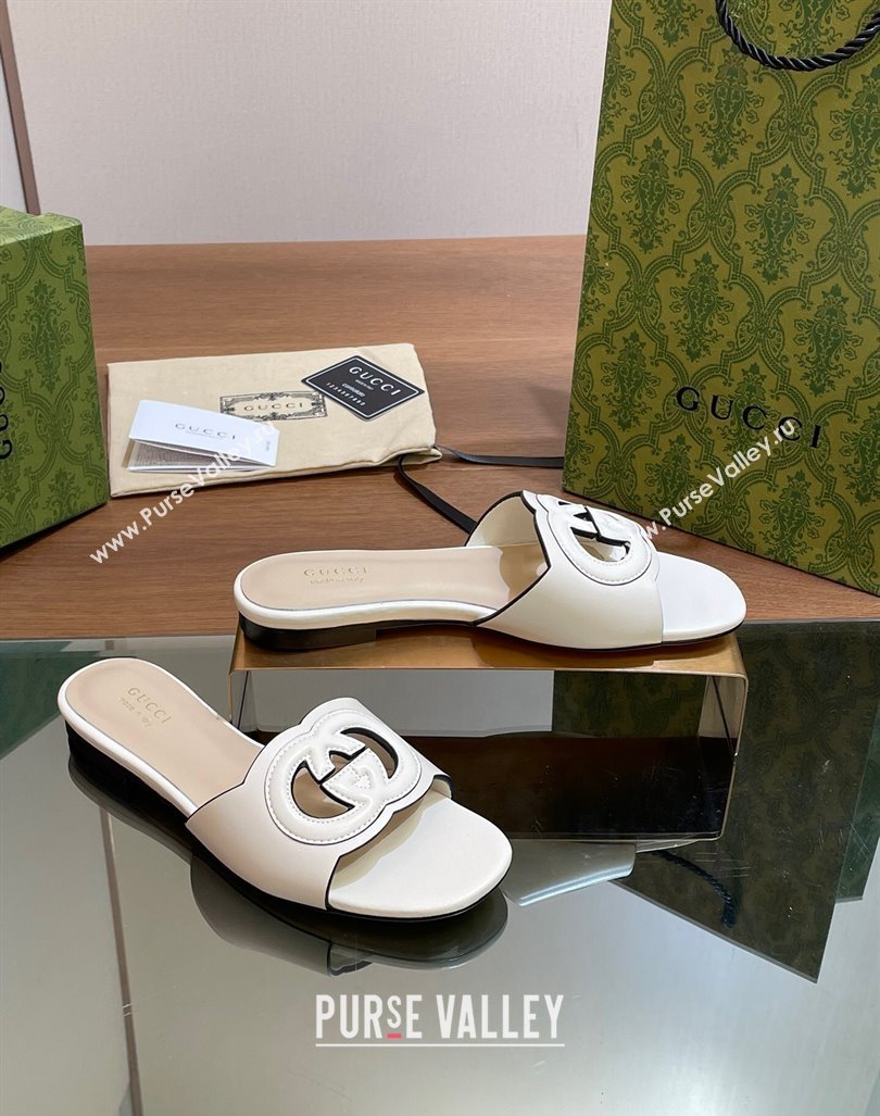 Gucci Cutout Interlocking G Flat Slides Sandals White 2024 0605 (MD-240605134)