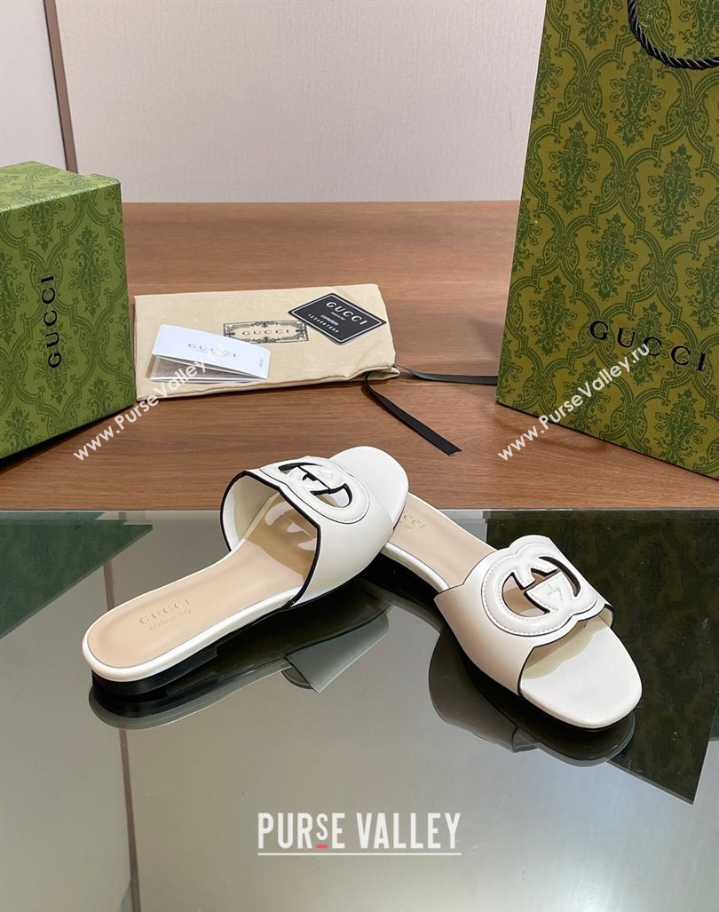 Gucci Cutout Interlocking G Flat Slides Sandals White 2024 0605 (MD-240605134)