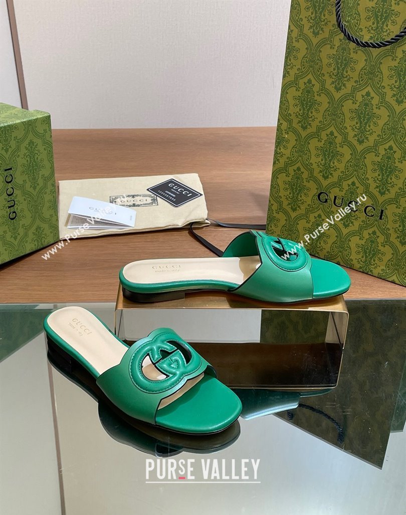 Gucci Cutout Interlocking G Flat Slides Sandals Green 2024 0605 (MD-240605136)