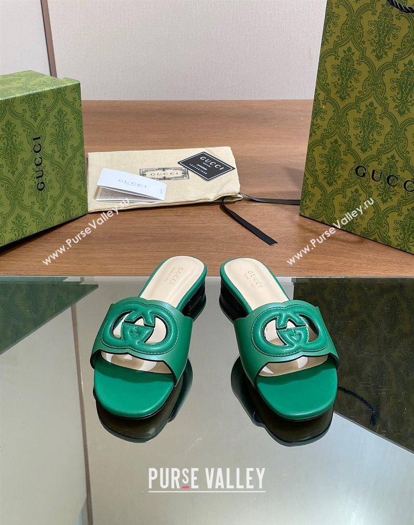 Gucci Cutout Interlocking G Flat Slides Sandals Green 2024 0605 (MD-240605136)