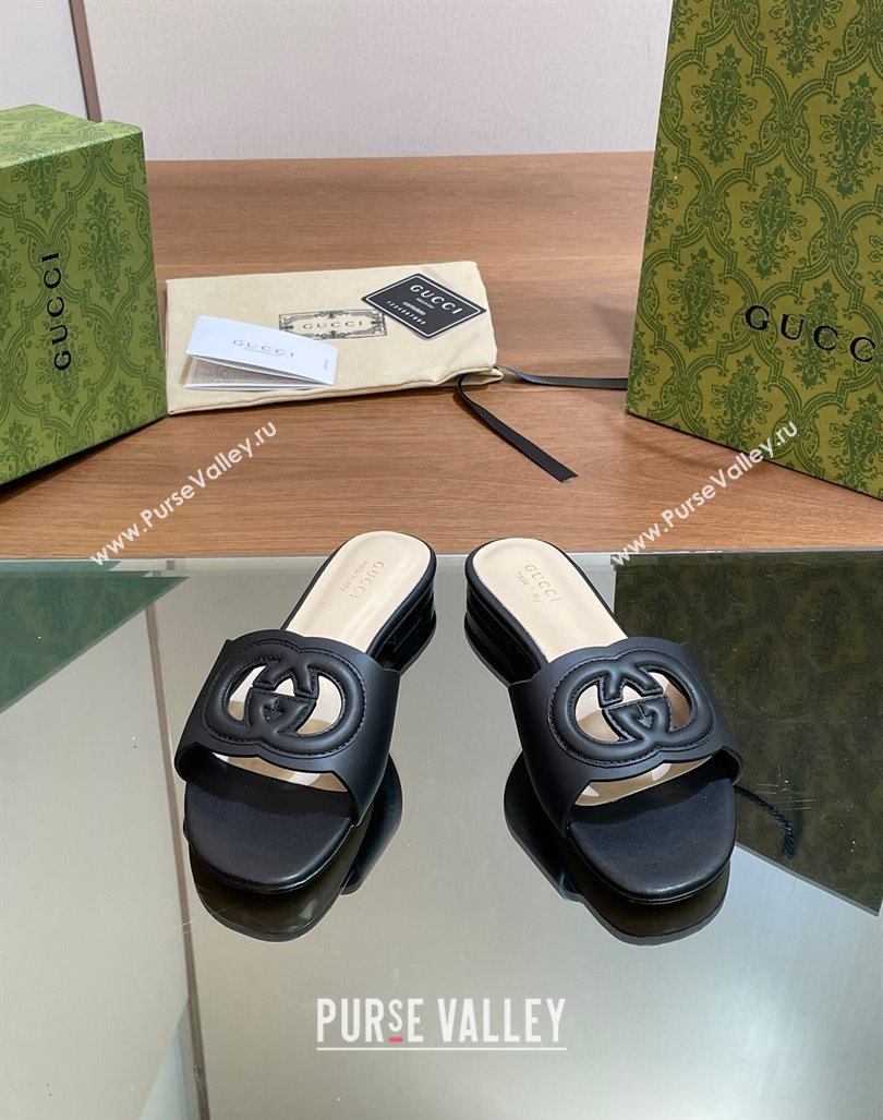 Gucci Cutout Interlocking G Flat Slides Sandals Black 2024 0605 (MD-240605133)