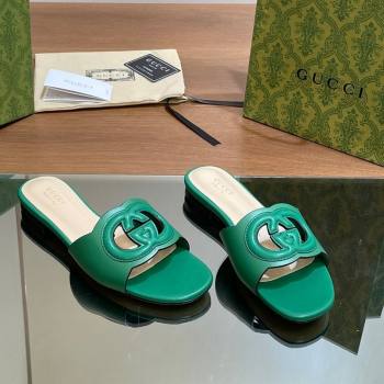 Gucci Cutout Interlocking G Flat Slides Sandals Green 2024 0605 (MD-240605136)