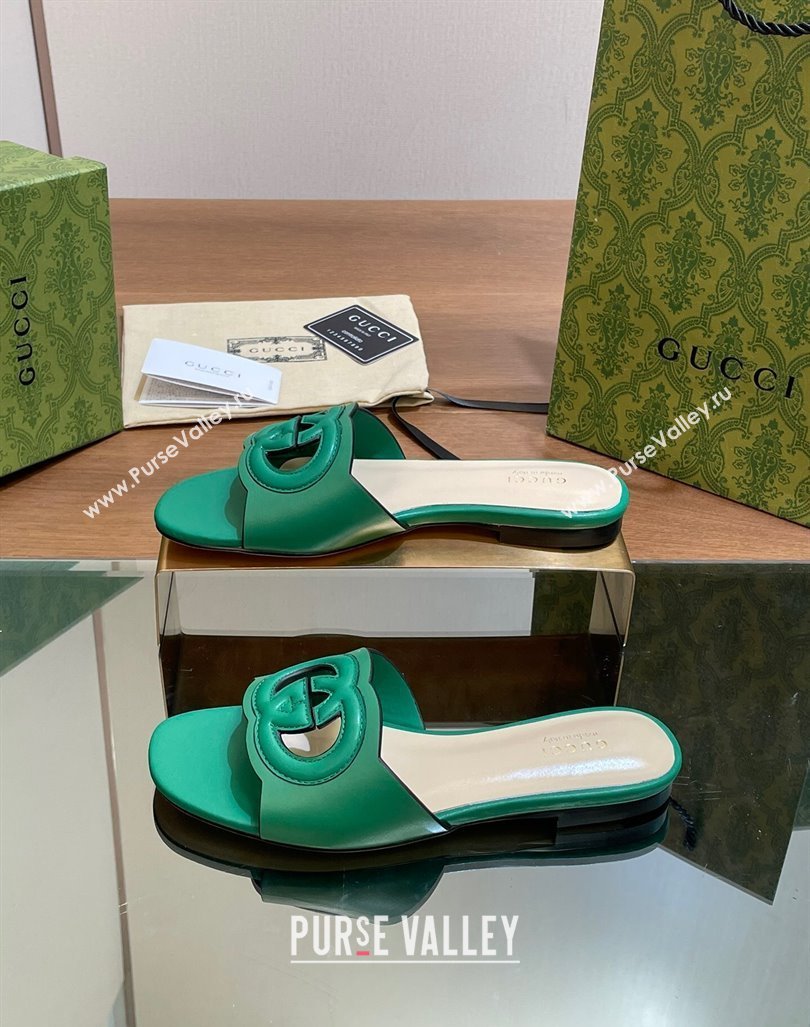 Gucci Cutout Interlocking G Flat Slides Sandals Green 2024 0605 (MD-240605136)