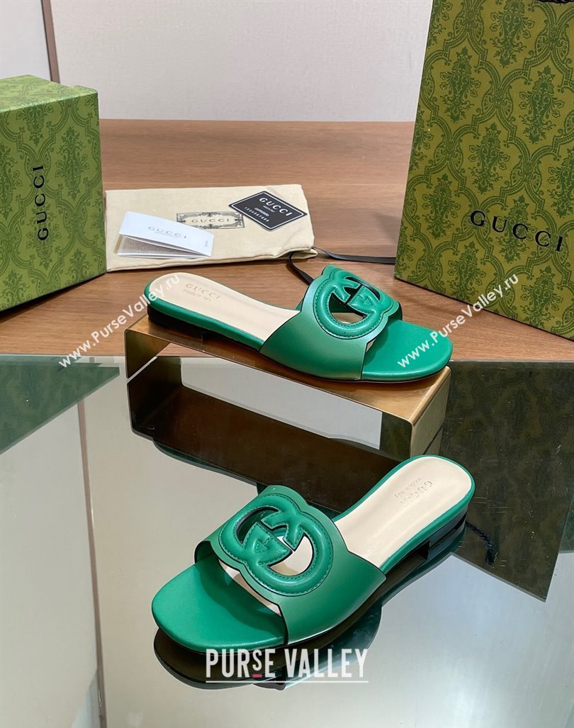 Gucci Cutout Interlocking G Flat Slides Sandals Green 2024 0605 (MD-240605136)