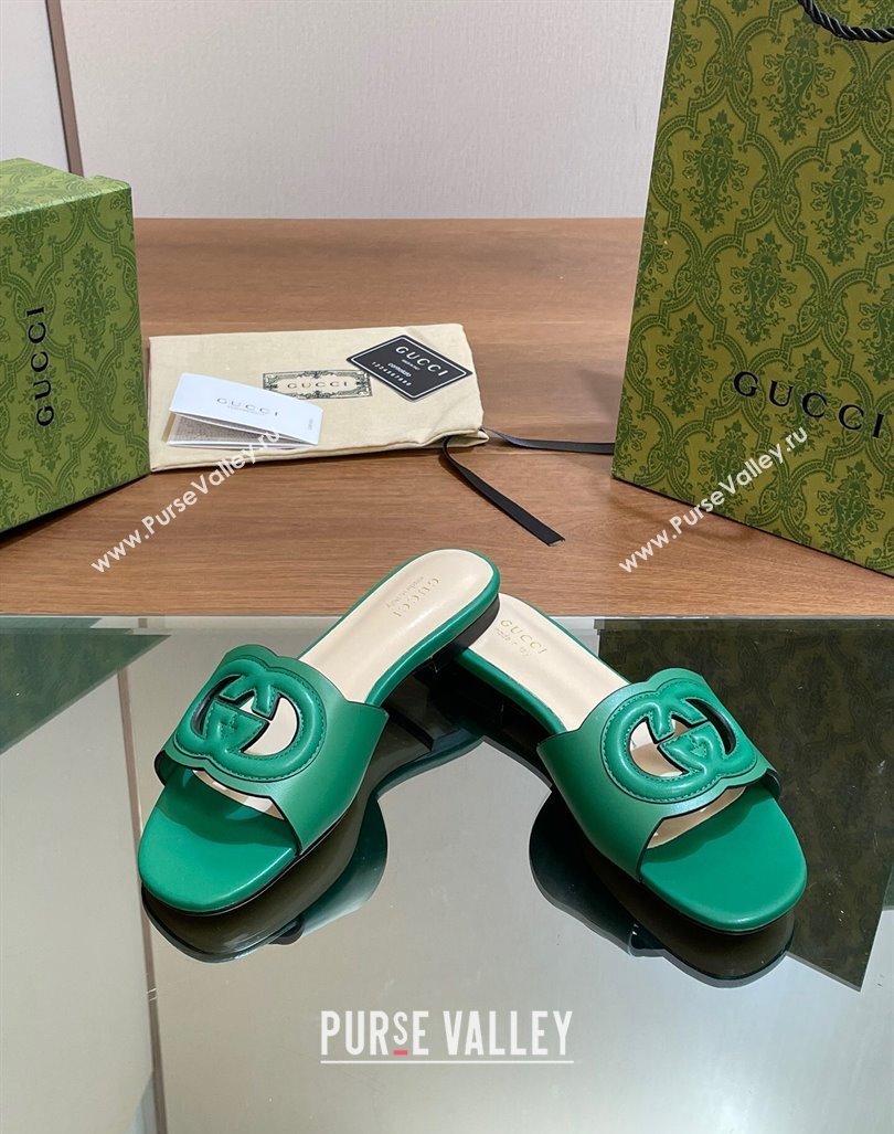 Gucci Cutout Interlocking G Flat Slides Sandals Green 2024 0605 (MD-240605136)