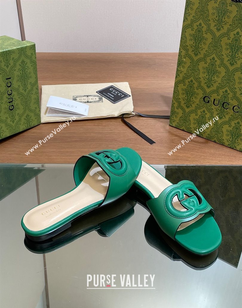 Gucci Cutout Interlocking G Flat Slides Sandals Green 2024 0605 (MD-240605136)