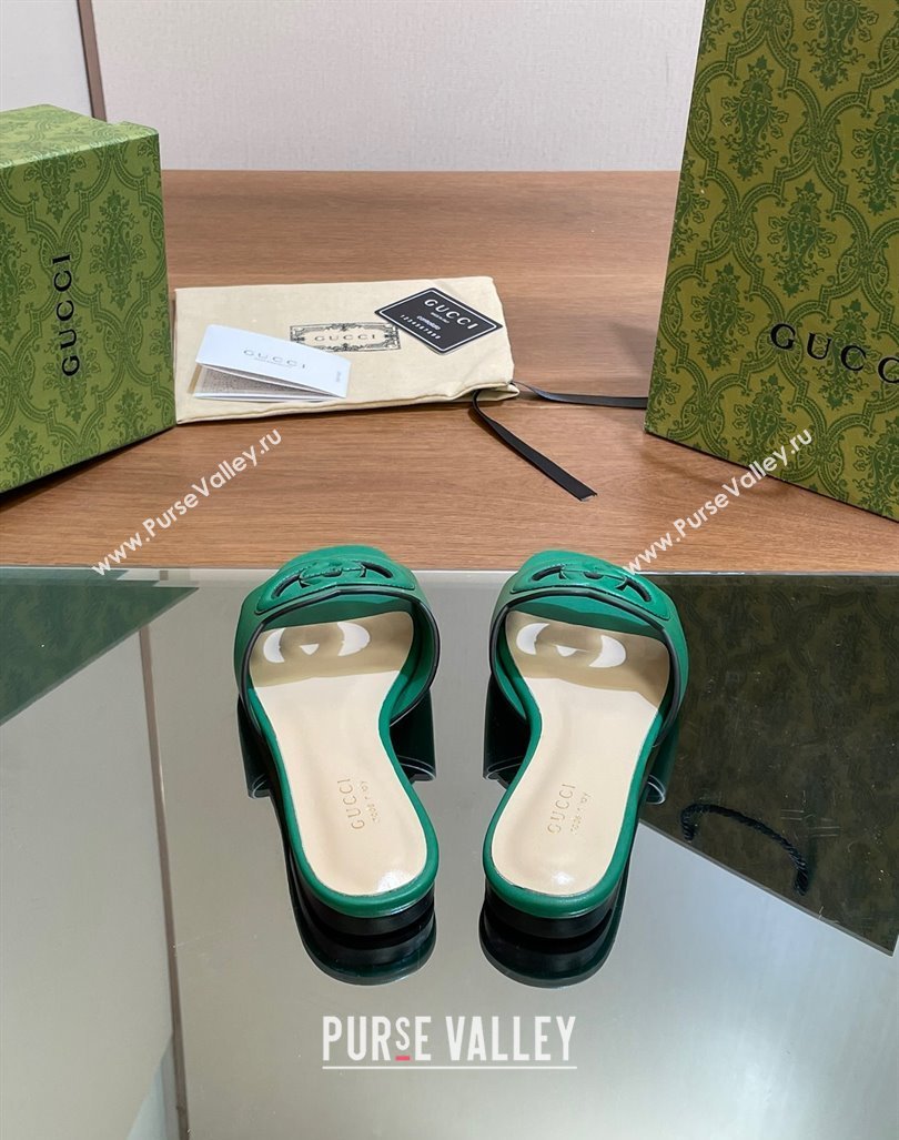 Gucci Cutout Interlocking G Flat Slides Sandals Green 2024 0605 (MD-240605136)