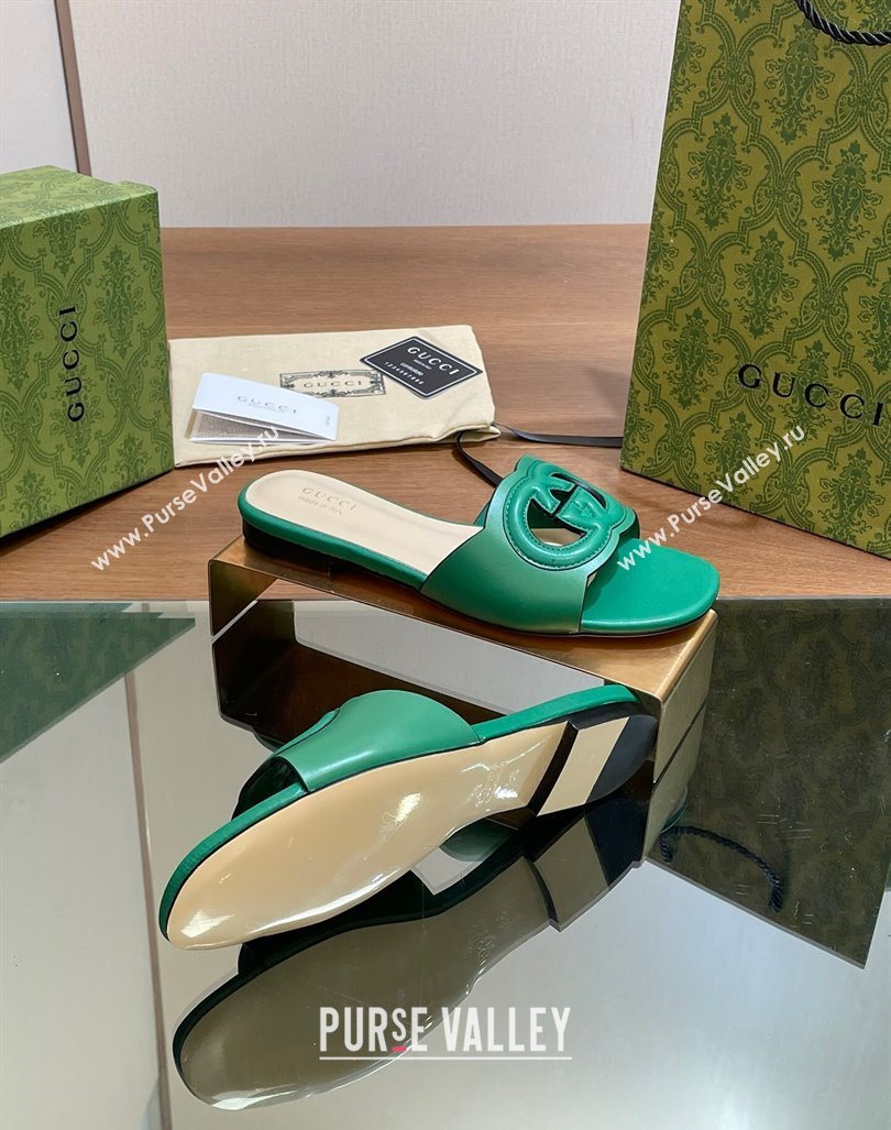 Gucci Cutout Interlocking G Flat Slides Sandals Green 2024 0605 (MD-240605136)