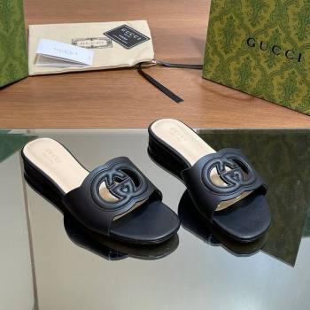 Gucci Cutout Interlocking G Flat Slides Sandals Black 2024 0605 (MD-240605133)