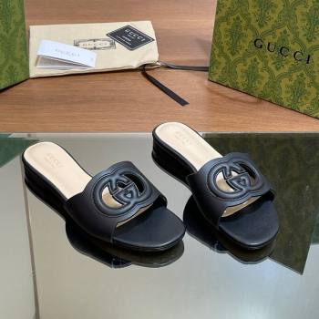 Gucci Cutout Interlocking G Flat Slides Sandals Black 2024 0605 (MD-240605133)
