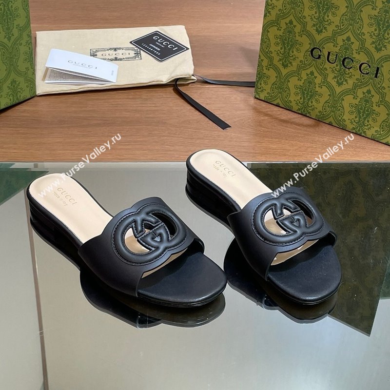 Gucci Cutout Interlocking G Flat Slides Sandals Black 2024 0605 (MD-240605133)