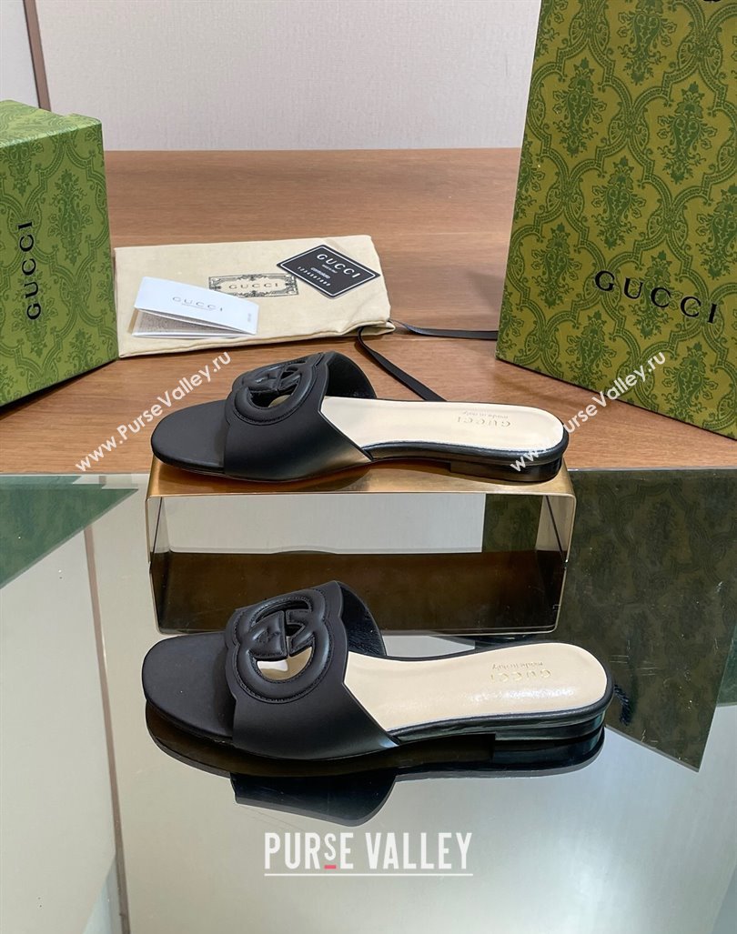 Gucci Cutout Interlocking G Flat Slides Sandals Black 2024 0605 (MD-240605133)