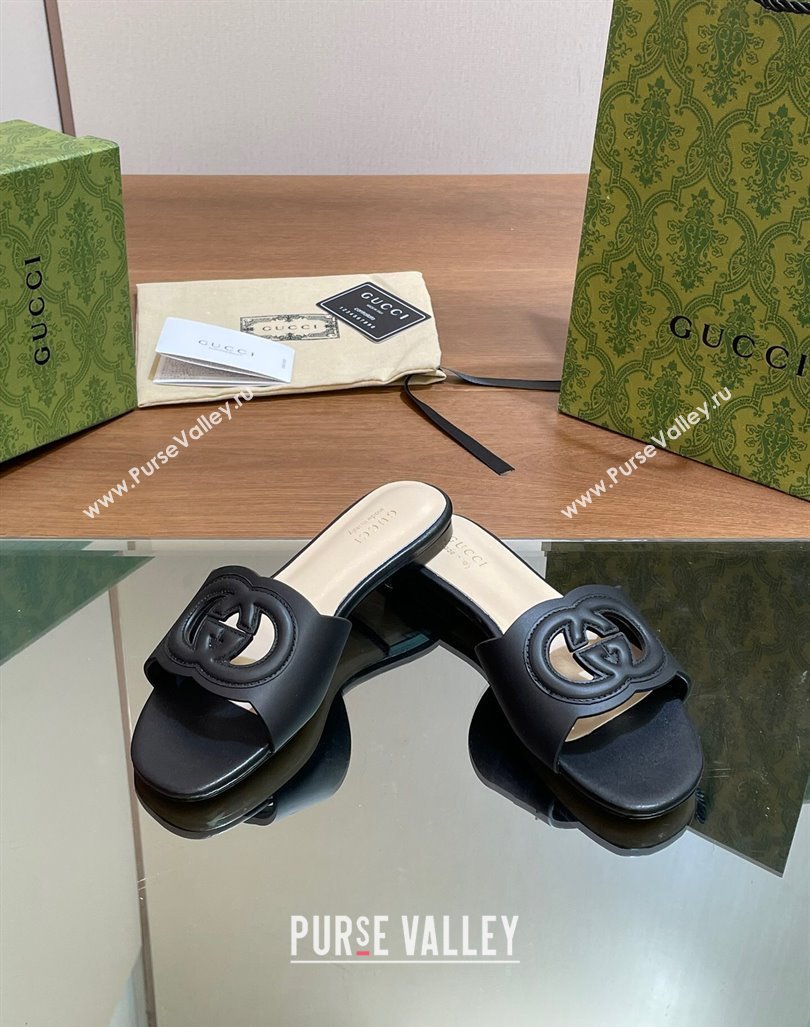 Gucci Cutout Interlocking G Flat Slides Sandals Black 2024 0605 (MD-240605133)